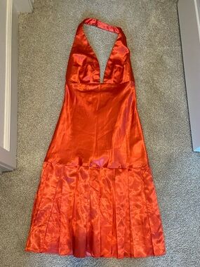 Red Satin Halter Midi Dress